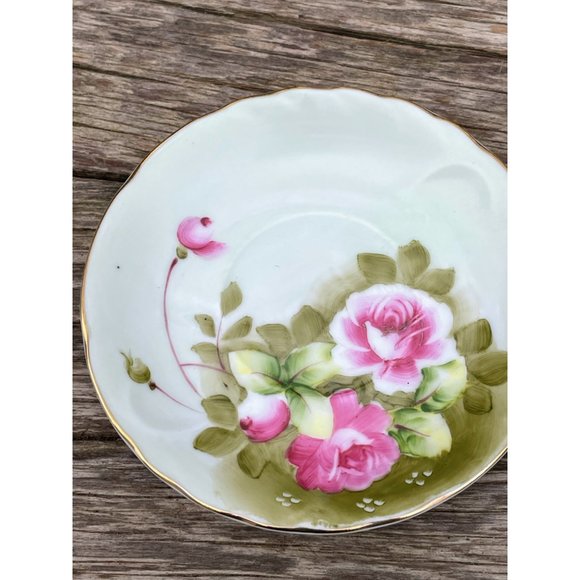 Vintage Lefton Heritage Rose Hand Painted Green Demitasse Cup Saucer - Picture 5 of 11